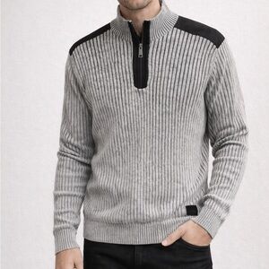 Guess Men's Striped Gray and Black Zip-Up Sweater 100% cotton size M